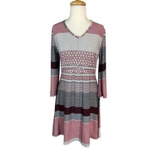 Robert Louis Maroon Gray Geometric Boho V-Neck Dress